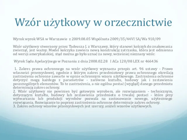 Wzór użytkowy w orzecznictwie Wyrok wyrok WSA w Warszawie z 2009.08.05