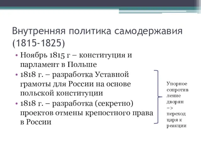 Внутренняя политика самодержавия (1815-1825) Ноябрь 1815 г – конституция и парламент