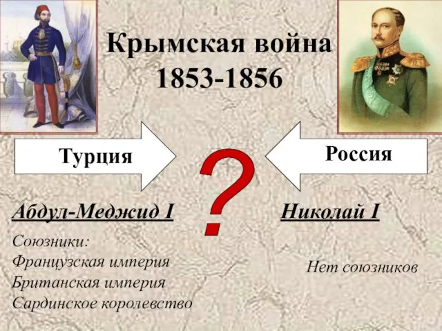 ? Турция Крымская война 1853-1856 Николай I Россия Нет союзников Абдул-Меджид