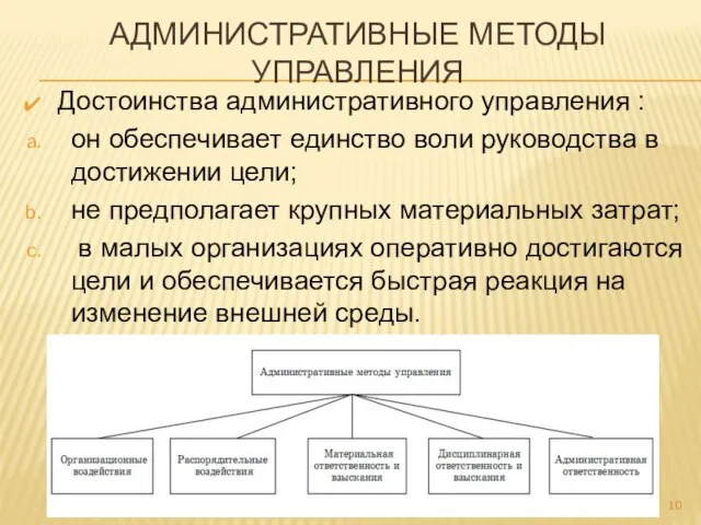 Достоинства административного управления : он обеспечивает единство воли руководства в достижении