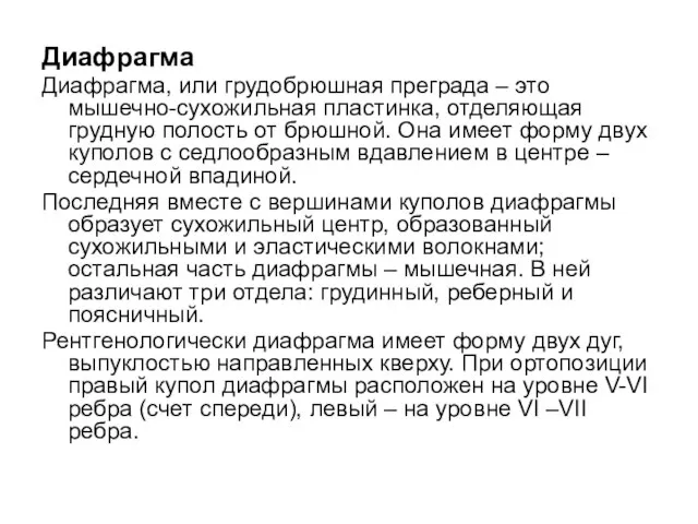 Диафрагма Диафрагма, или грудобрюшная преграда – это мышечно-сухожильная пластинка, отделяющая грудную