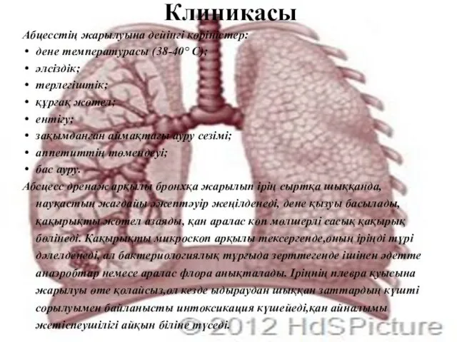 Клиникасы Абцесстің жарылуына дейінгі көріністер: дене температурасы (38-40° С); әлсіздік; терлегіштік;