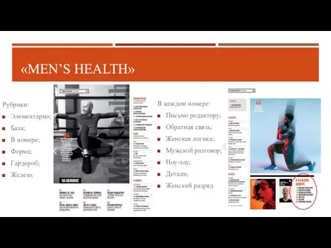 «MEN’S HEALTH» Рубрики: Элементарно; База; В номере; Форма; Гардероб; Железо. В