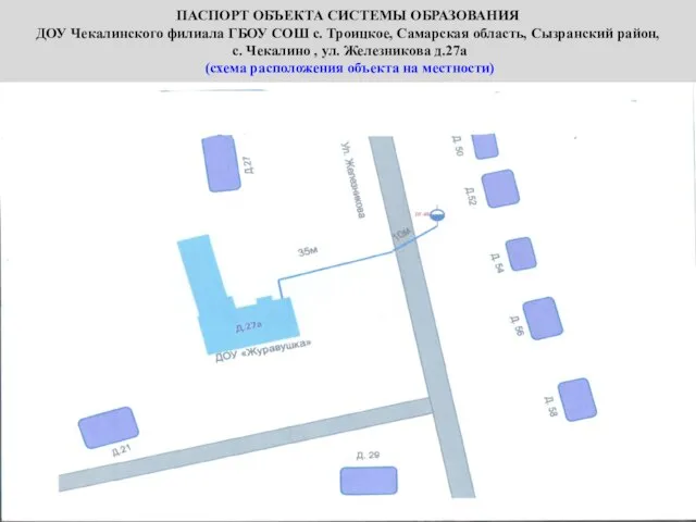 ПАСПОРТ ОБЪЕКТА СИСТЕМЫ ОБРАЗОВАНИЯ ДОУ Чекалинского филиала ГБОУ СОШ с. Троицкое,