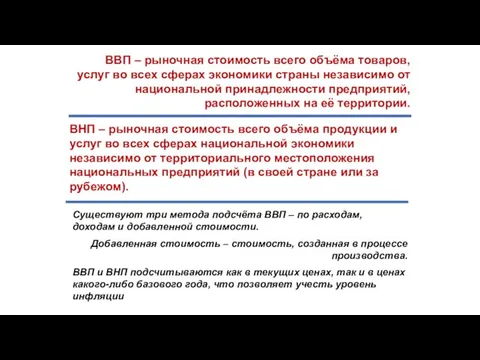 ВВП – рыночная стоимость всего объёма товаров, услуг во всех сферах