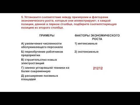 5. Установите соответствие между примерами и факторами экономического роста, которые они