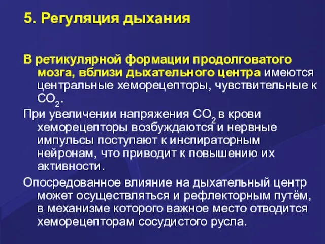 5. Регуляция дыхания В ретикулярной формации продолговатого мозга, вблизи дыхательного центра