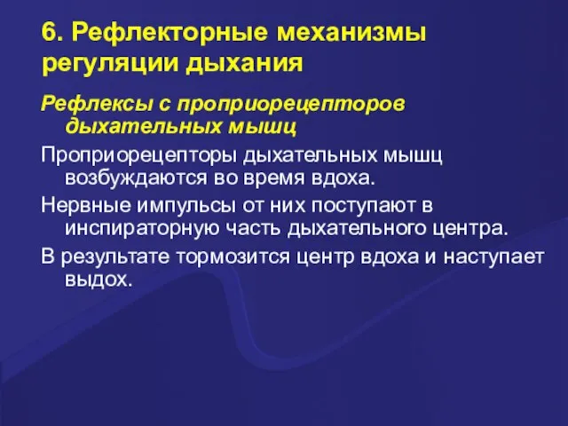 6. Рефлекторные механизмы регуляции дыхания Рефлексы с проприорецепторов дыхательных мышц Проприорецепторы