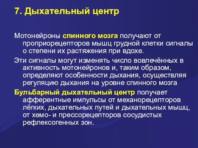 7. Дыхательный центр Мотонейроны спинного мозга получают от проприорецепторов мышц грудной