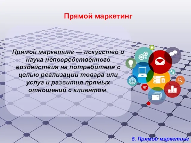 5. Прямой маркетинг Прямой маркетинг — искусство и наука непосредственного воздействия