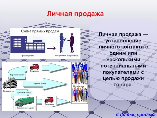 6.Личная продажа Личная продажа — установление личного контакта с одним или