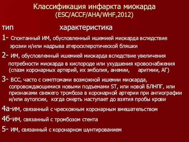 Классификация инфаркта миокарда (ESC/ACCF/AHA/WHF,2012) тип характеристика 1- Спонтанный ИМ, обусловленный ишемией