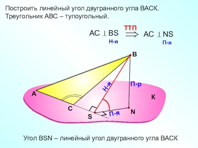Построить линейный угол двугранного угла ВАСК. Треугольник АВС – тупоугольный. А