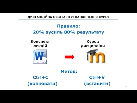 ДИСТАНЦІЙНА ОСВІТА НГУ: НАПОВНЕННЯ КУРСУ Правило: 20% зусиль 80% результату Метод: