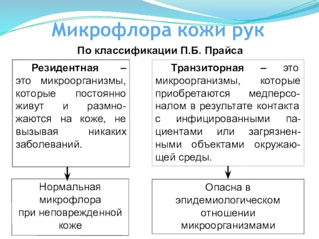 Микрофлора кожи рук По классификации П.Б. Прайса Резидентная – это микроорганизмы,