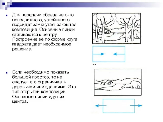 Для передачи образа чего-то неподвижного, устойчивого подойдет замкнутая, закрытая композиция. Основные