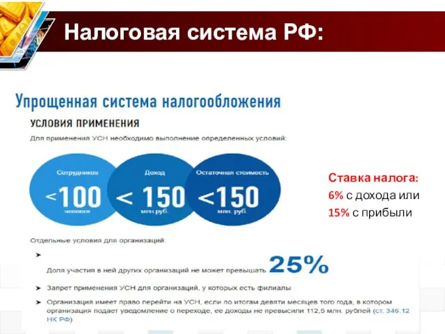 Налоговая система РФ: Ставка налога: 6% с дохода или 15% с прибыли