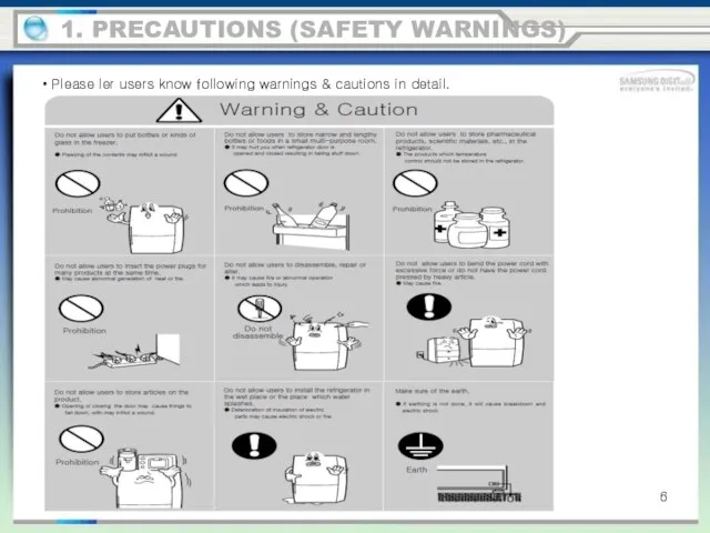 Please ler users know following warnings & cautions in detail. 1. PRECAUTIONS (SAFETY WARNINGS)