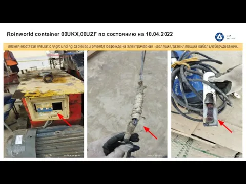 Roinworld container 00UKX,00UZF по состоянию на 10.04.2022 Broken electrical insulation/grounding cable/equipment/Повреждена электрическая изоляция/заземляющий кабель/оборудование.