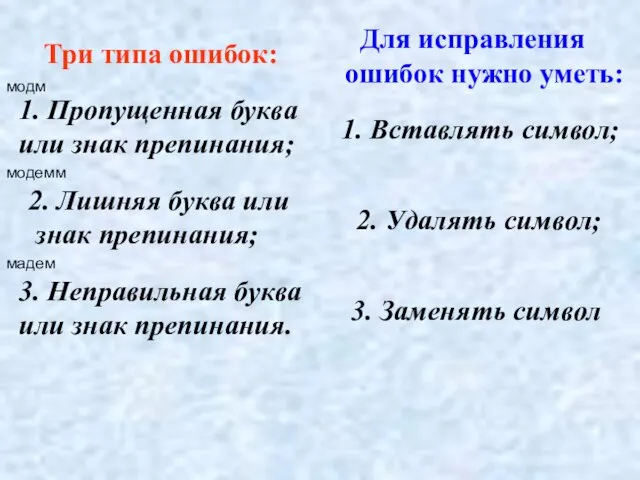 Три типа ошибок: Для исправления ошибок нужно уметь: 1. Пропущенная буква