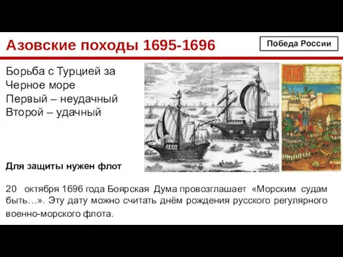 Азовские походы 1695-1696 Борьба с Турцией за Черное море Первый –