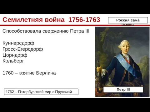 Семилетняя война 1756-1763 Способствовала свержению Петра III Куннерсдорф Гросс-Егерсдорф Цорндорф Кольберг