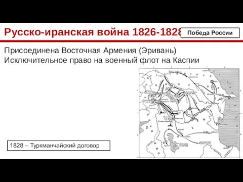 Русско-иранская война 1826-1828 Присоединена Восточная Армения (Эривань) Исключительное право на военный
