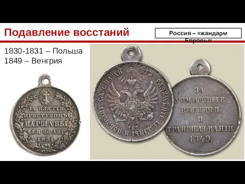 Подавление восстаний 1830-1831 – Польша 1849 – Венгрия Россия – «жандарм Европы»