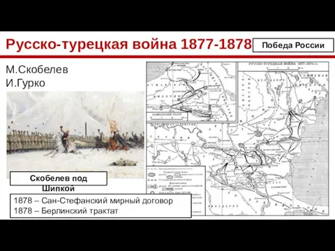 Русско-турецкая война 1877-1878 М.Скобелев И.Гурко Победа России 1878 – Сан-Стефанский мирный