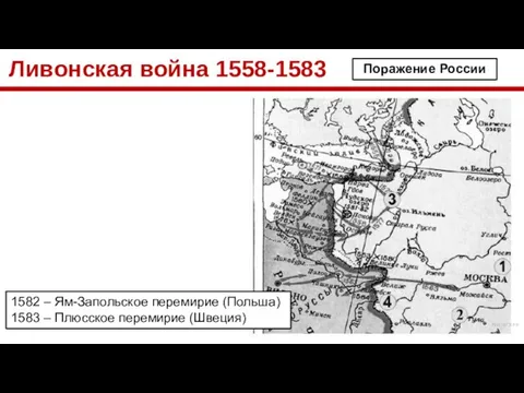 Ливонская война 1558-1583 1582 – Ям-Запольское перемирие (Польша) 1583 – Плюсское перемирие (Швеция) Поражение России