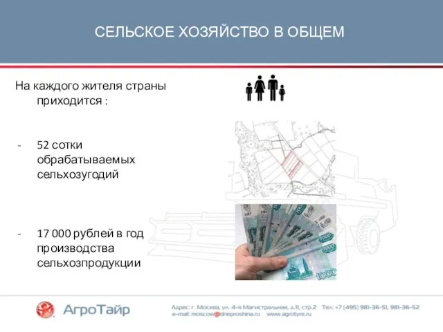 СЕЛЬСКОЕ ХОЗЯЙСТВО В ОБЩЕМ На каждого жителя страны приходится : 52