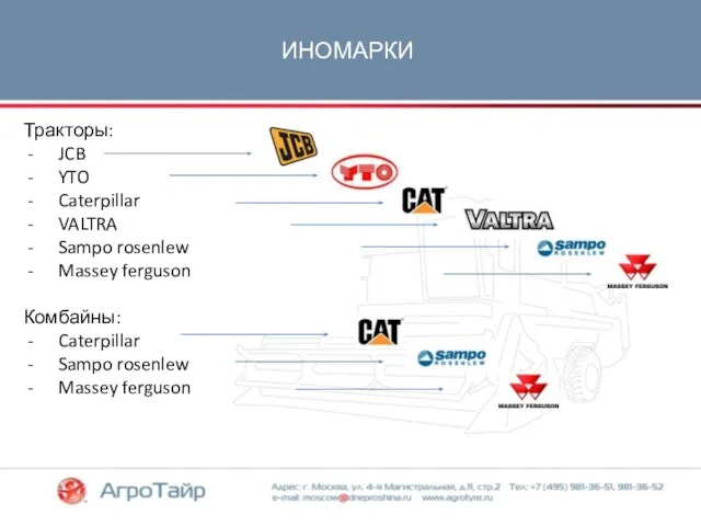 ИНОМАРКИ Тракторы: JCB YTO Caterpillar VALTRA Sampo rosenlew Massey ferguson Комбайны: Caterpillar Sampo rosenlew Massey ferguson