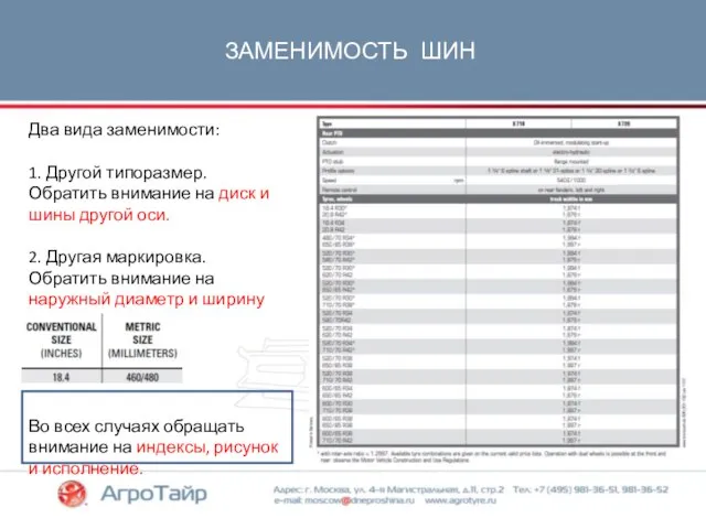 ЗАМЕНИМОСТЬ ШИН Два вида заменимости: 1. Другой типоразмер. Обратить внимание на