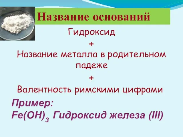 Название оснований Гидроксид + Название металла в родительном падеже + Валентность