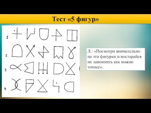 Тест «5 фигур» Л.: «Посмотри внимательно на эти фигурки и постарайся их запомнить как можно точнее».