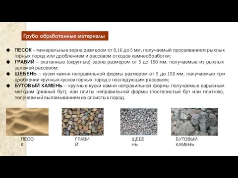 Грубо обработанные материалы ПЕСОК – минеральные зерна размером от 0,16 до