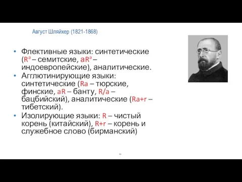 Август Шляйхер (1821-1868) Флективные языки: синтетические (Ra – семитские, аRa –