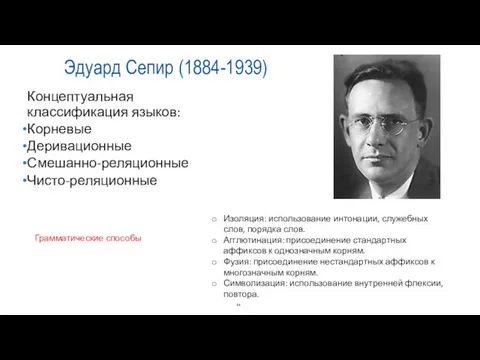 Эдуард Сепир (1884-1939) Концептуальная классификация языков: Корневые Деривационные Смешанно-реляционные Чисто-реляционные Изоляция: