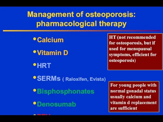 Management of osteoporosis: pharmacological therapy Calcium Vitamin D HRT SERMs (