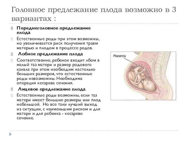 Головное предлежание плода возможно в 3 вариантах : Переднеголовное предлежание плода