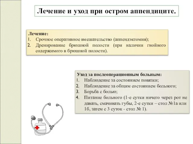 Лечение и уход при остром аппендиците. Лечение: Срочное оперативное вмешательство (аппендэктомия);