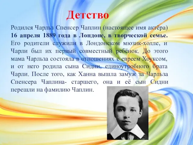 Детство Родился Чарльз Спенсер Чаплин (настоящее имя актёра) 16 апреля 1889