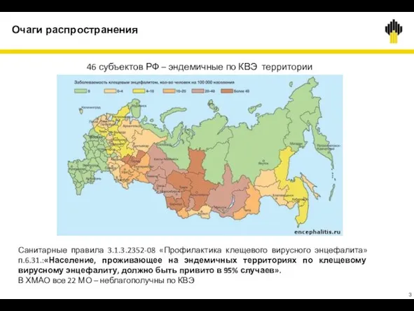 Очаги распространения 46 субъектов РФ – эндемичные по КВЭ территории Санитарные