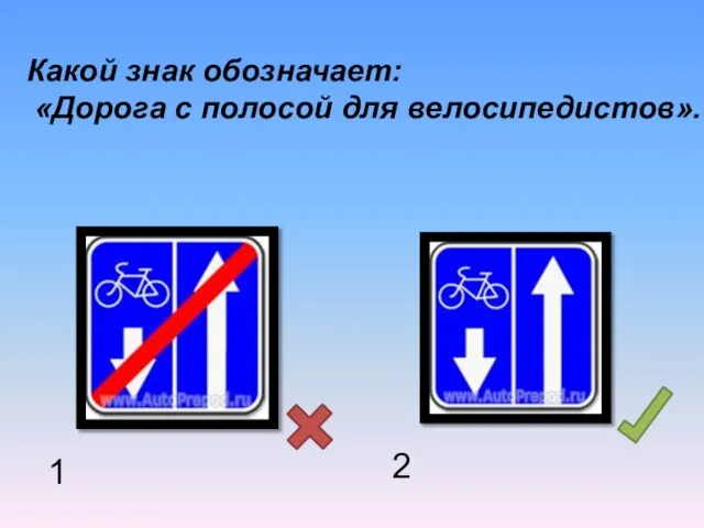 Какой знак обозначает: «Дорога с полосой для велосипедистов». 2 1