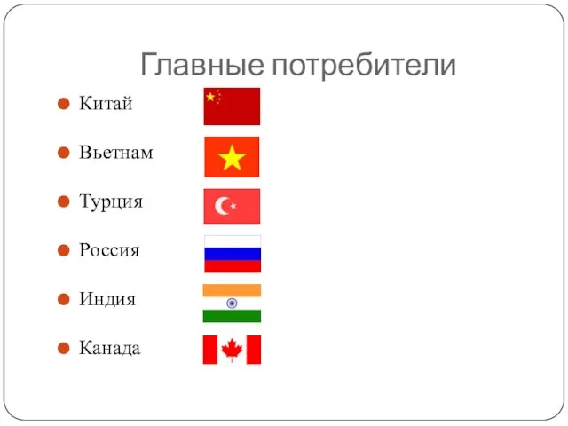 Главные потребители Китай Вьетнам Турция Россия Индия Канада