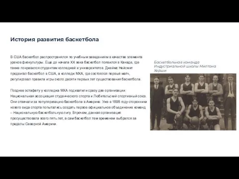 История развития баскетбола В США баскетбол распространялся по учебным заведениям в