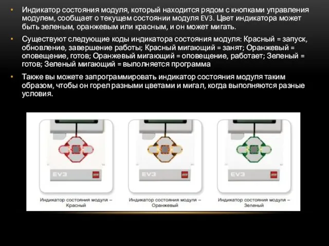 Индикатор состояния модуля, который находится рядом с кнопками управления модулем, сообщает