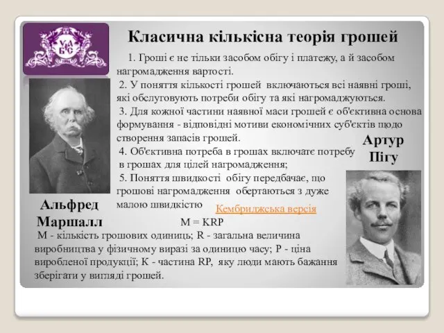 Класична кількісна теорія грошей Артур Пігу Альфред Маршалл 1. Гроші є