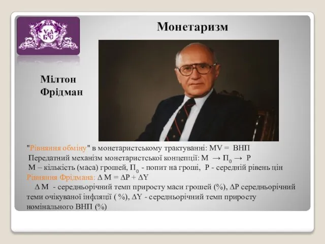 Монетаризм "Рівняння обміну" в монетаристському трактуванні: MV = ВНП Передатний механізм