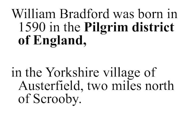 William Bradford was born in 1590 in the Pilgrim district of